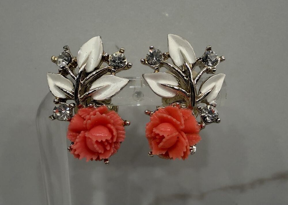 Vintage Coral Pink Rose Clip On Earrings White Enamel Leaves Rhinestone Floral